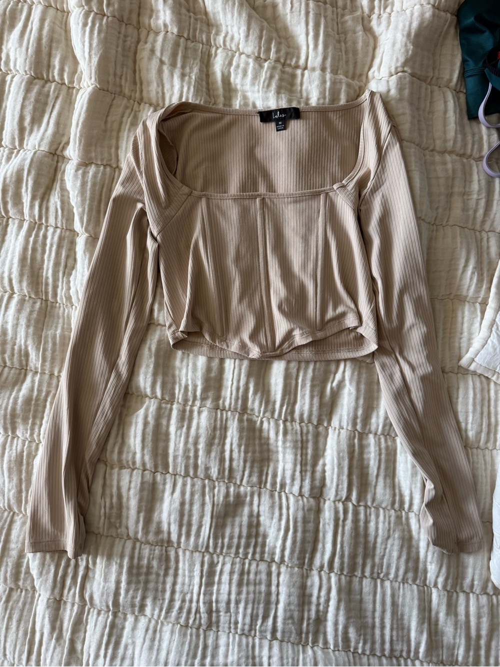Lulu's Beige Ribbed Long-Sleeve Cropped Square-Neck Top with built in corset
